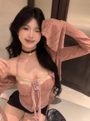 Early autumn new ruffled long-sleeved knitted cardigan hollow knitted rose camisole suit