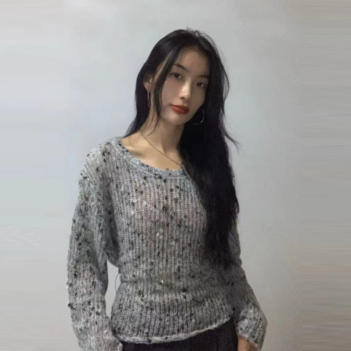 Original thick needle - gray sweater 2024 new style lazy loose design hollow sweater top