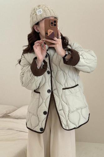 2024 Xiaoxiangfeng Short Down Cotton Jacket Women's Contrast Color Lapel Diamond Light Thin Loose Cotton Jacket