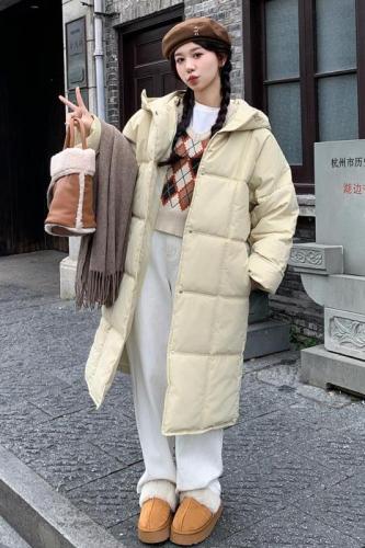 Korean style winter milk puff mid-length over-the-knee bread coat for women, lazy style, loose stand-up collar design, hooded