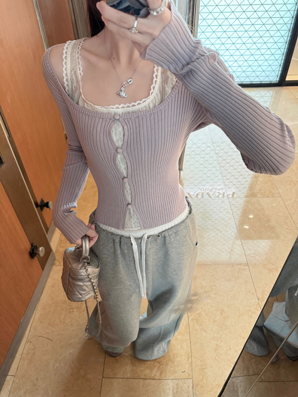 Lace splicing fake two-piece long-sleeved knitted cardigan for women early autumn Korean style pure desire sweater