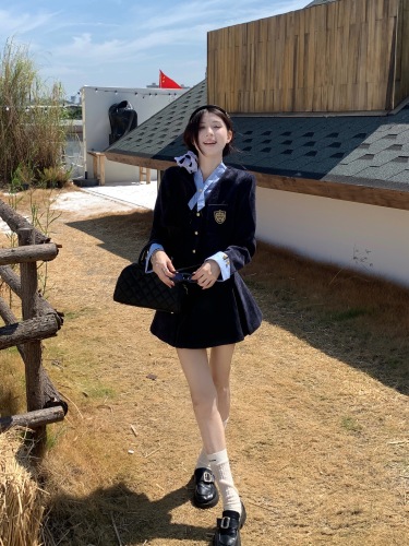 Photographed College Style Set for Women with Pajama Top and Blazer Jacket, Corduroy Pleated Skirt