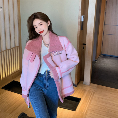 Real shot!  Chic pink lamb wool coat high collar buckle design suede top