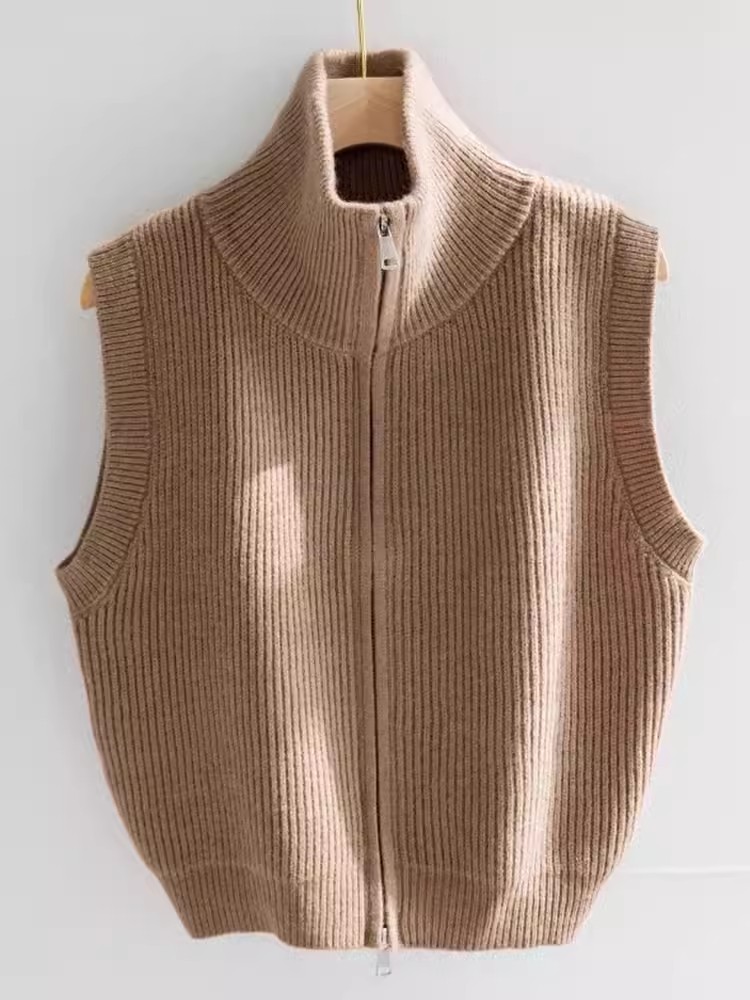 Comfortable simple high-neck double zipper knit vest, new early autumn style, temperament, versatile, slimming base top, upper garment.