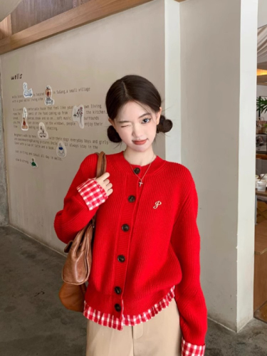 Sheep cashmere fake two-piece red plaid knitted cardigan for women in autumn and winter with design splicing short sweater jacket