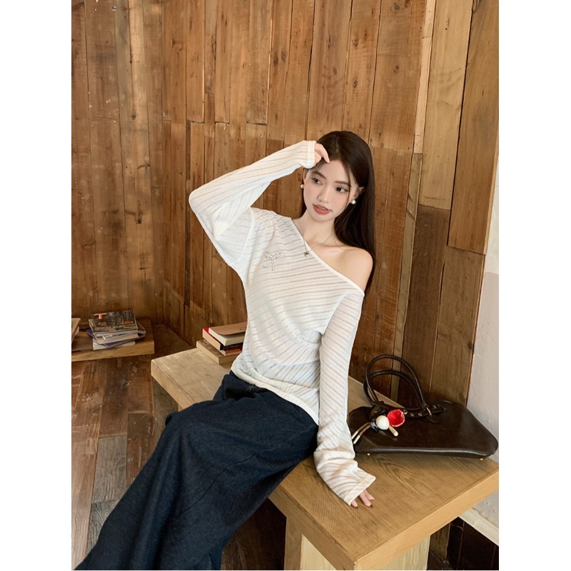 Original fabric pure lust style irregular slit long-sleeved sweater for women early autumn bow slanted shoulder off-shoulder top