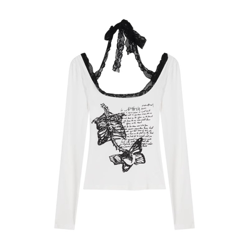 260g free-cut white lace printed T-shirt for women in autumn with long sleeves and backless tight u-neck top