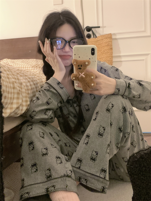 Korean style German velvet brushed cartoon pattern home wear pajamas set