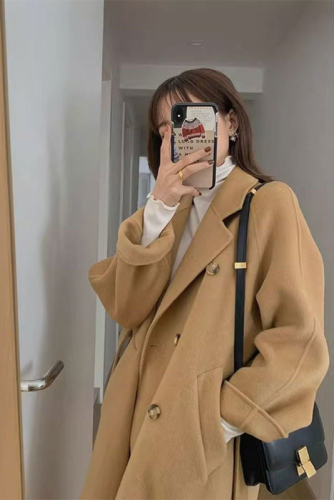 Belted woolen coat for women, off-season high-end fashion new double-breasted design autumn and winter woolen coat mid-length