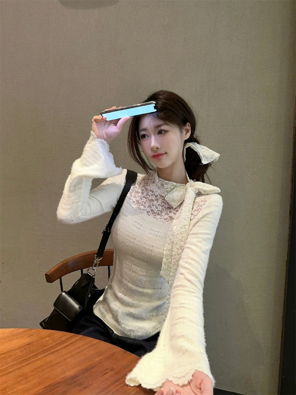 Design niche bow ribbon lace short slim fit bottoming sweater