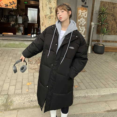 College style fake two-piece hooded mid-length down jacket for women thickened winter new bread coat cotton jacket trendy