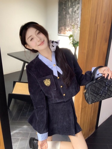 Photographed College Style Set for Women with Pajama Top and Blazer Jacket, Corduroy Pleated Skirt