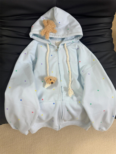 Cute and colorful polka dot small bear tracksuit for women, suitable for spring and autumn, stylish and comfortable, hooded outerwear for petite figures.