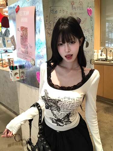 260g free-cut white lace printed T-shirt for women in autumn with long sleeves and backless tight u-neck top