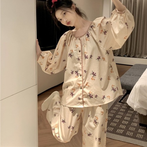 Autumn retro new Chinese style Chinese style pure cotton loose long-sleeved trousers home wear suit for women