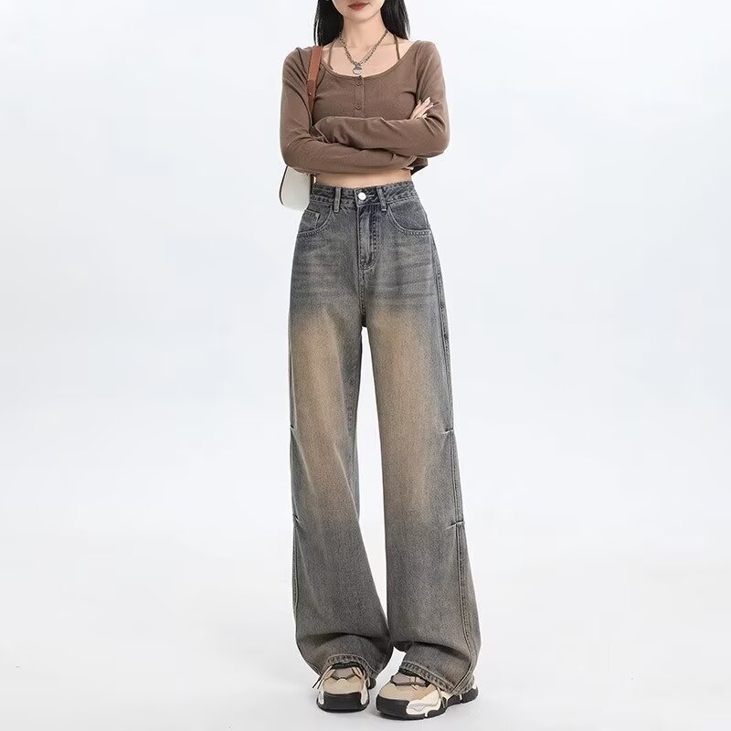 Women's 2024 New Fall American Retro Wide Leg Jeans High Waisted Loose Drape Straight Leg Floor-Length Pants