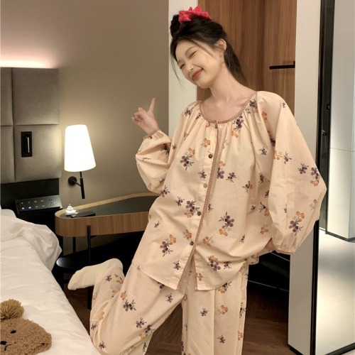 Autumn retro new Chinese style Chinese style pure cotton loose long-sleeved trousers home wear suit for women