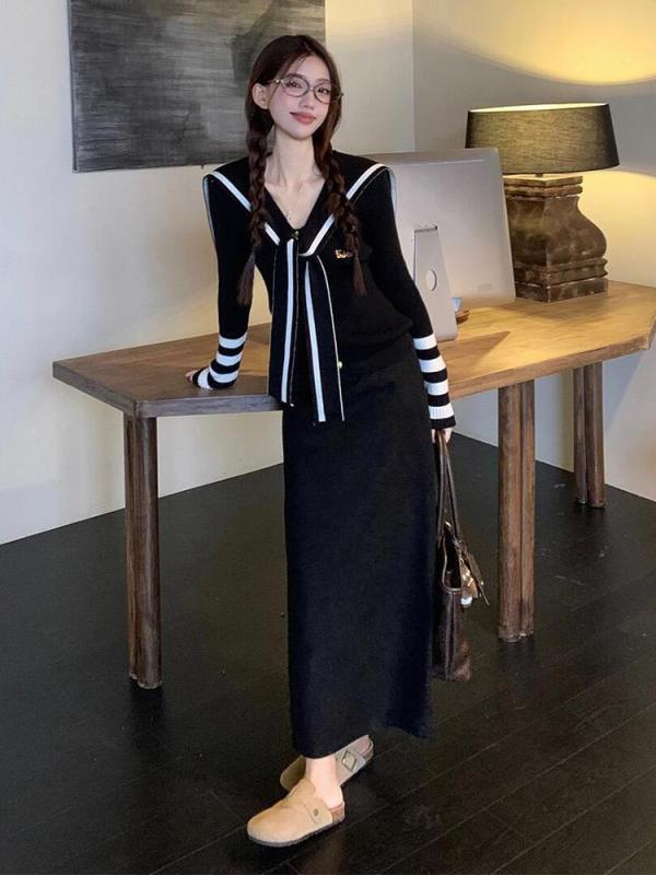 Korean style navy collar sweater fashion suit for women autumn new temperament slimming skirt two-piece set