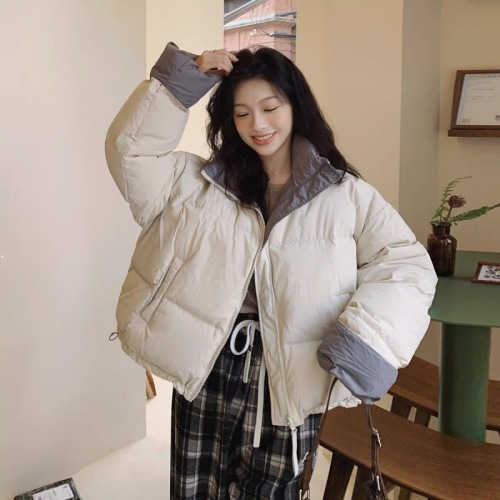 Contrast color stand-up collar short down jacket for women 2024 winter new Korean style small warm and thickened bread jacket