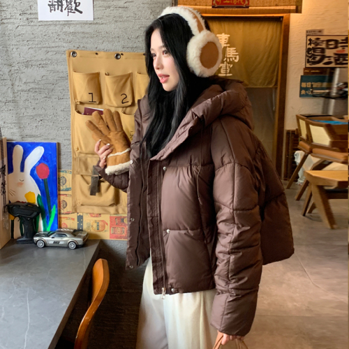 Puff Short Down Jacket Women's 2024 Winter New American Ken Bean Bread Jacket Hello Coffee Color Hooded Jacket