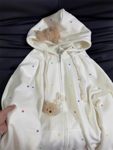Cute and colorful polka dot small bear tracksuit for women, suitable for spring and autumn, stylish and comfortable, hooded outerwear for petite figures.