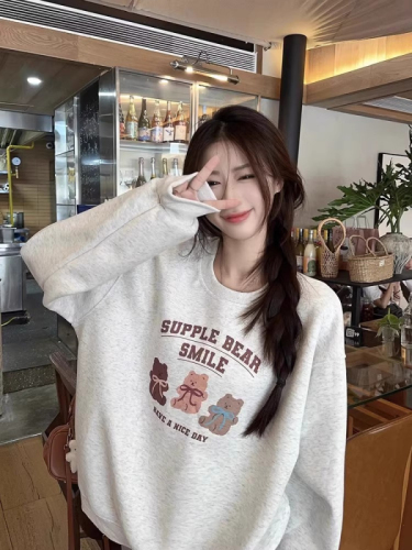 High-quality cotton blended CVC ribbed crew neck printed sweatshirt for women and couples, regular, lined