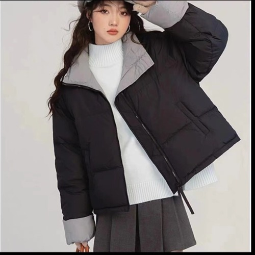 Contrast color stand-up collar short down jacket for women 2024 winter new Korean style small warm and thickened bread jacket