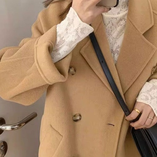 Belted woolen coat for women, off-season high-end fashion new double-breasted design autumn and winter woolen coat mid-length