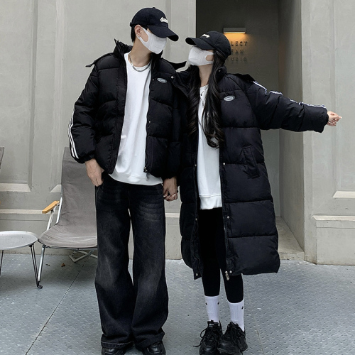 Black down cotton jacket for women winter 2024 new Korean style loose college style couple versatile hooded cotton jacket