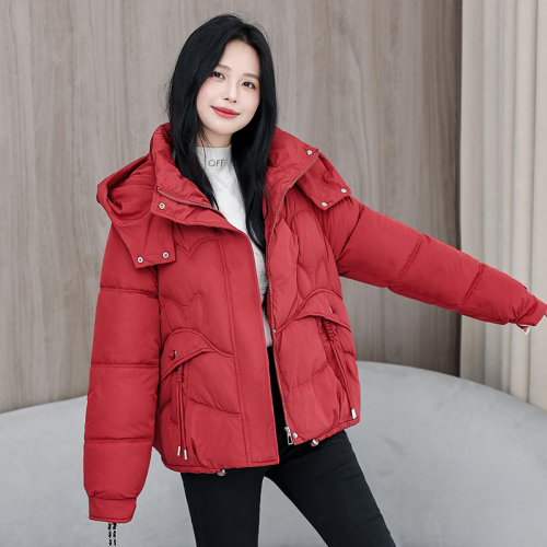 Down jacket women's short 2024 winter new style design with loose pockets large size thickened cotton jacket