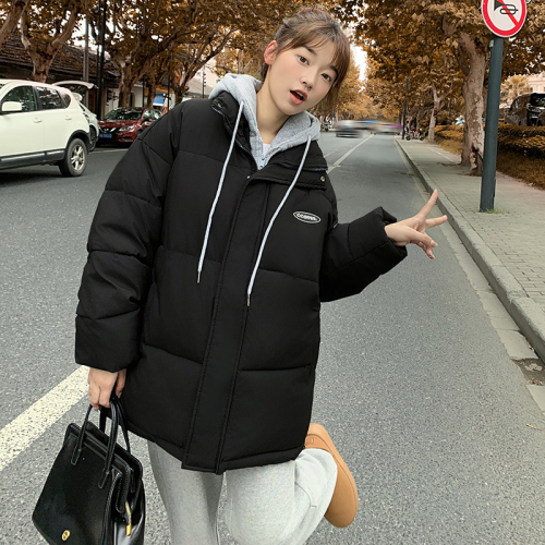 Hong Kong style hooded fake two-piece bread coat, women's short winter new couple's down jacket