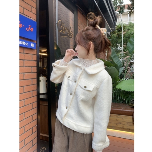 Actual shot of new autumn and winter lamb wool thickened short coat for women, Korean style imitation mink velvet versatile top for little people