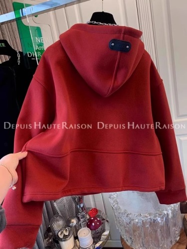 New Year's red half-zip hooded velvet sweatshirt top for women with loose and lazy style, thick winter, loose and lazy