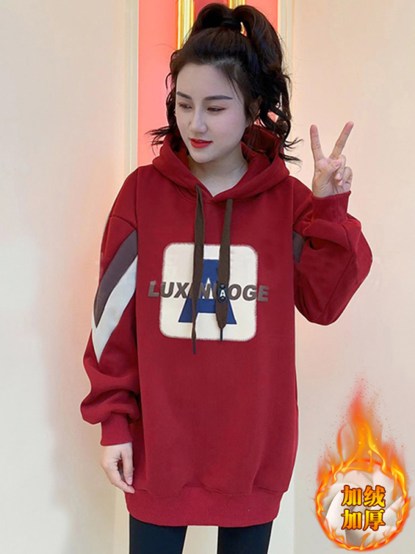 Autumn and winter new women's sweatshirts, velvet and thickened hooded mid-length butt-covering fashionable jackets