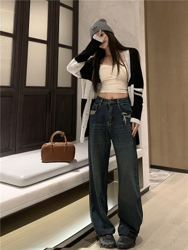 Real shot!  High-waisted retro ripped straight jeans for women autumn new loose wide-leg pants