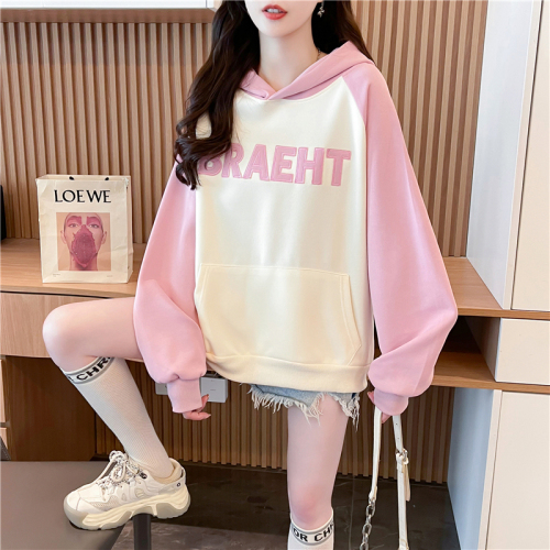 Actual shot of Korean style loose imitation cotton Chinese cotton patch embroidered thin color insert hooded sweatshirt for women