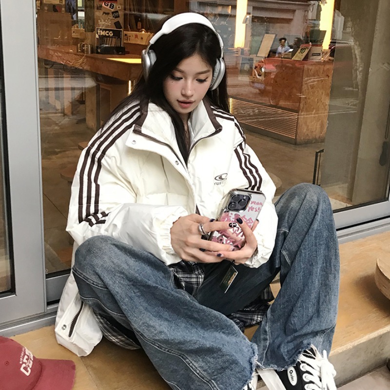 Couple American retro letter stand collar cotton jacket for men and women striped trendy brand loose college style cotton jacket