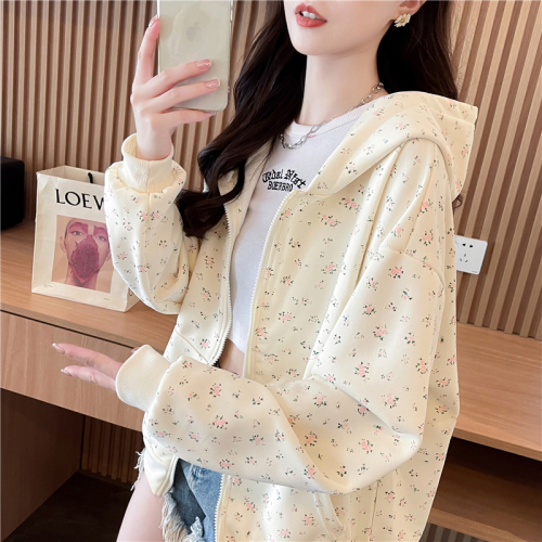 Actual shot of Korean style loose Chinese cotton floral fabric printed zipper thin hooded sweatshirt for women