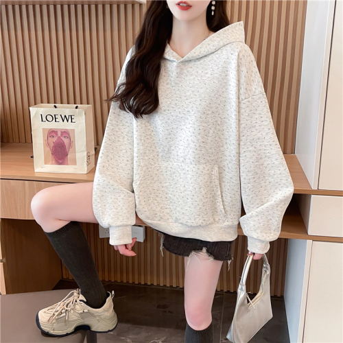 Actual shot of Korean style loose imitation cotton floral print thin hooded sweatshirt for women