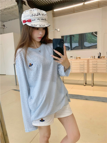 Original fabric, colored woven strip design, versatile striped long-sleeved T-shirt, women's sun protection shirt, summer niche embroidery