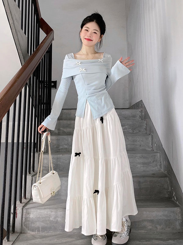 Sweet Desire One-Shoulder Top Set for Women - Early Autumn Design Sensory Hot Girl Long-Sleeve T-Shirt with High-Waisted Bowknot Skirt