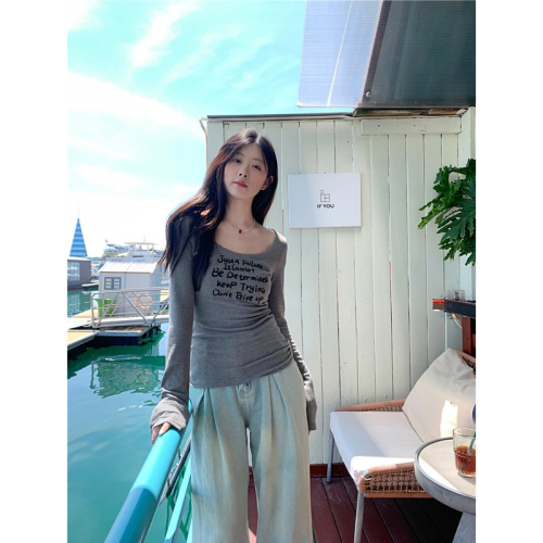 Tmall quality American hot girl round neck long-sleeved T-shirt women's autumn gray bottoming shirt slim inner wear