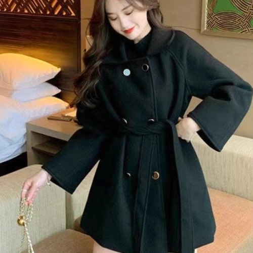 High-end black woolen coat for women 2024 autumn and winter new thickened waist windbreaker small woolen coat for women