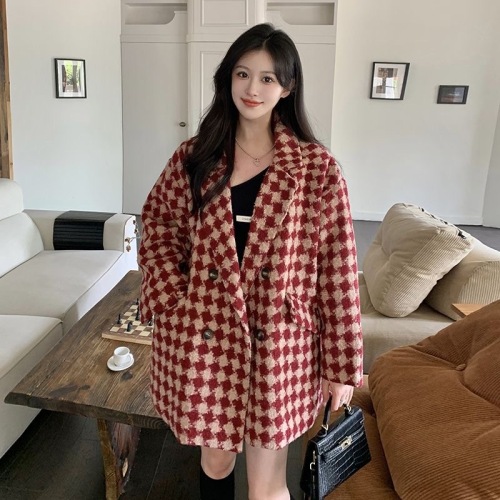 Maillard retro plaid suit woolen coat for women autumn and winter new style versatile high-end temperament woolen coat