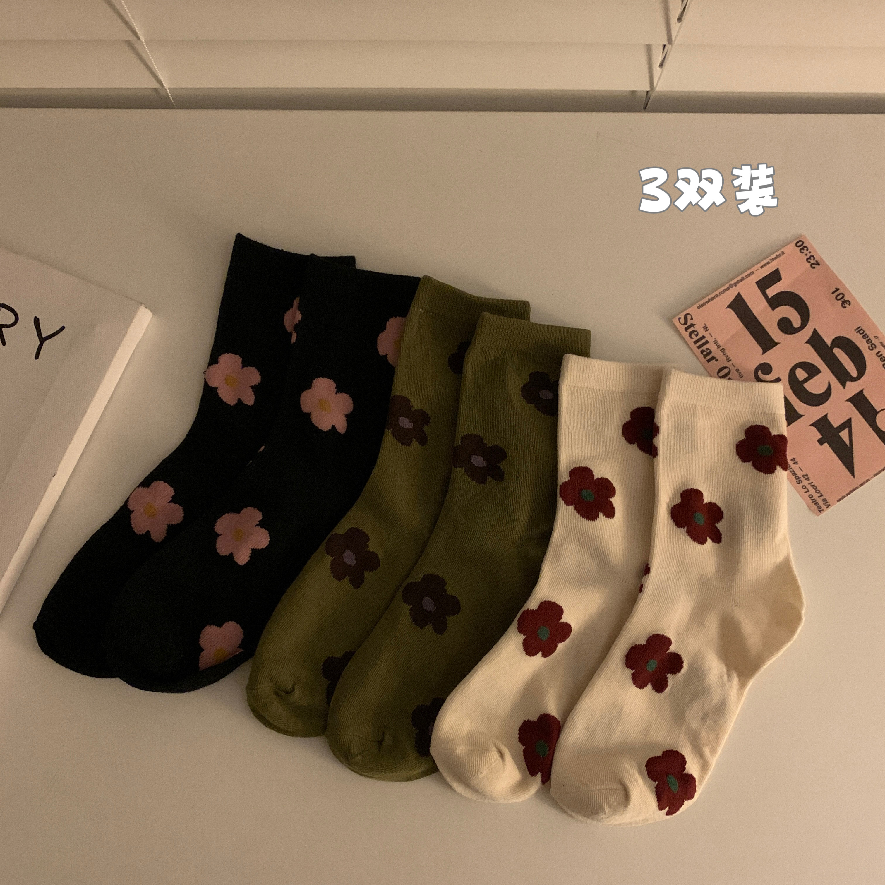 實拍韓版花朵百搭襪子女中筒襪秋冬堆堆襪長襪女襪純棉3雙裝