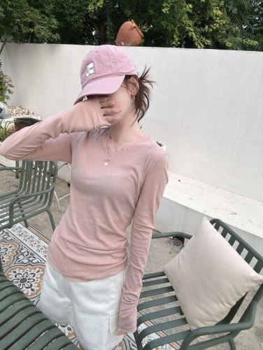 Pink thin slightly see-through curled front shoulder long-sleeved T-shirt for women in early autumn slim fit inner layering shirt and tight top