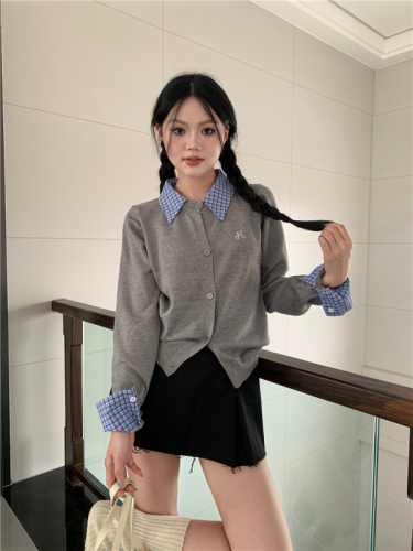 Actual shot of fake two-piece college style patchwork collar cardigan sweater with a sense of design