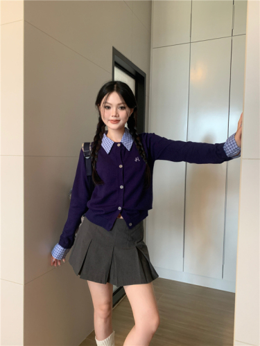 Actual shot of fake two-piece college style patchwork collar cardigan sweater with a sense of design