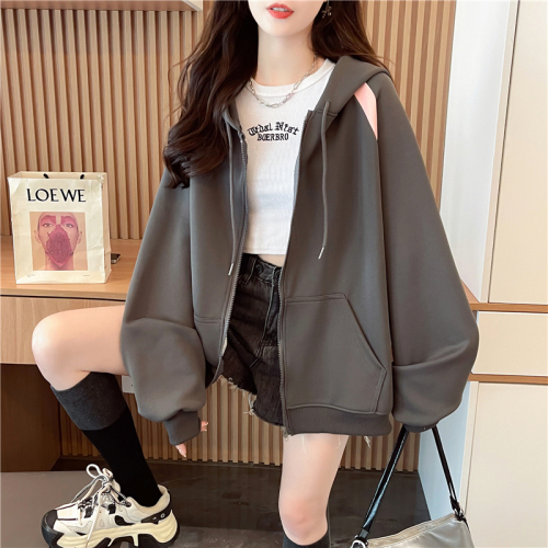 Actual shot of Korean style loose imitation cotton spliced ​​zipper color thin hooded sweatshirt for women