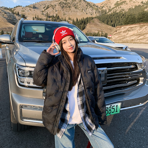 Milky blue warm embossed rhombus cotton jacket winter hot style versatile casual couple jacket for women